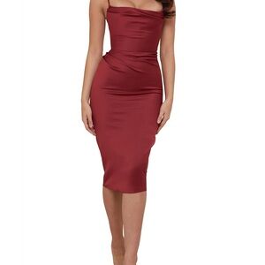 HOUSE of CB ANJA Wine Satin Corset Midi Dress